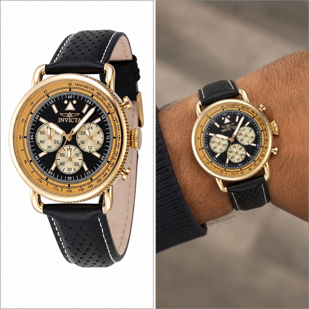 Invicta Gold and Black Chronograph Watch with Black Perforated Leather Strap